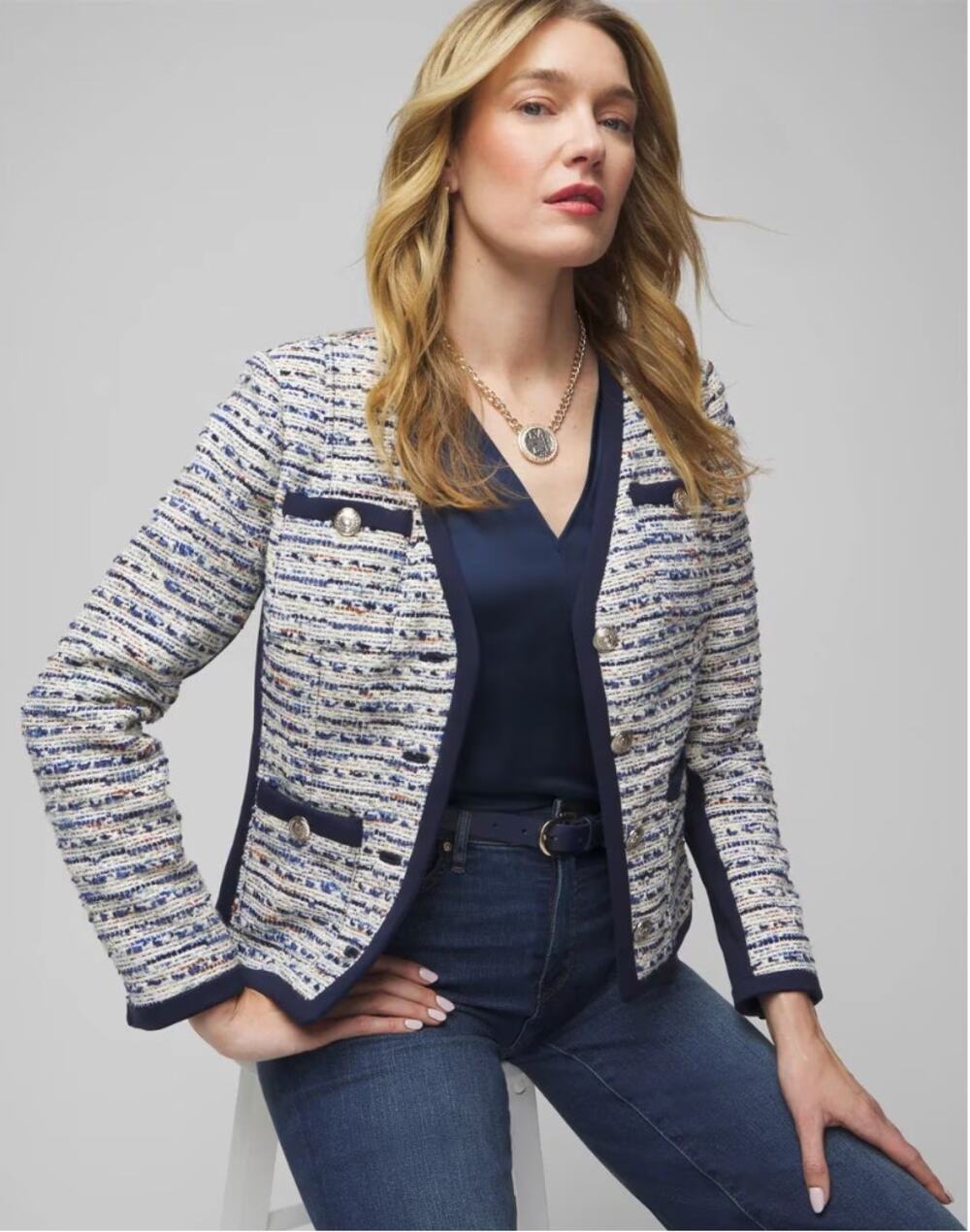 WHITE HOUSE BLACK MARKET WHBM NWT V-Neck Navy Tweed Jacket Blazer // 12